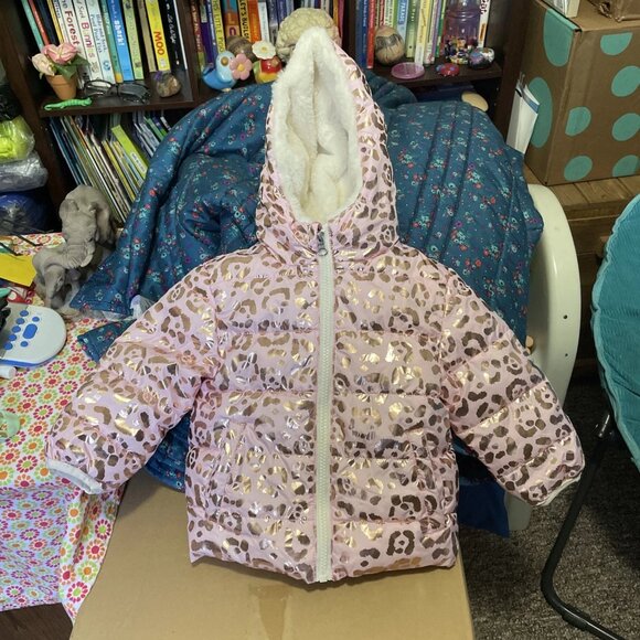 Swiss Tech Baby Hooded Puffer Jacket, Leopard Print, Pink/Gold, 12M - Picture 1 of 7